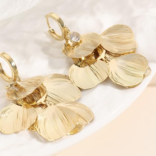 Boho Flower Layered Floral Leaf Drop Dangle Earring For Women,Metal CZ Gold Lightweight Flower Bohemian Gold Petal Exaggerated Jewelry Earrings For Women Brides Party Prom Wedding - color: Gold