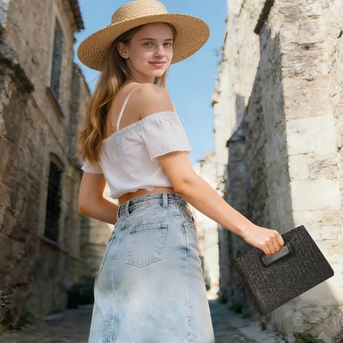 Beach Clutch Bag Straw Summer Clutch Purses for Women Handmade Woven Purse Detachable Gold Chain, Crossbody - color: Black
