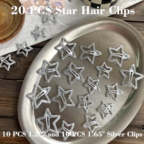 20 PCS Sparkling 1.22" and 1.65"Star Hair Clips Snap Hair Accessories Non Slip Clips for Girls Women Y2K Accessories Silver Metal Hair Clip Hair Barrettes - color: Glitter Silver 1.22" 1.65"（20PCS)