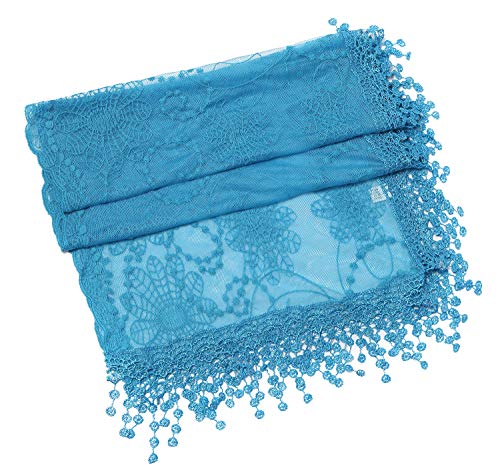Cindy & Wendy Lightweight Soft Leaf Lace Fringe Scarf Bridal Shawl for Women - color: Blue