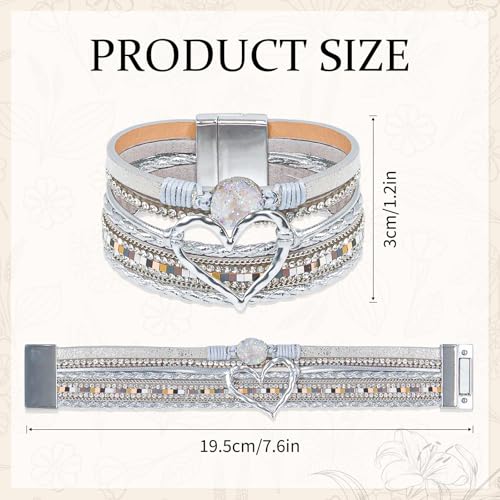 Leather Wrap Bracelet for Women, Boho Cuff Bracelet with Strong Clasp, Multi-Layer Crystal Leather Bracelet for Valentine Mother's Day - color: 01-Heart-Silver