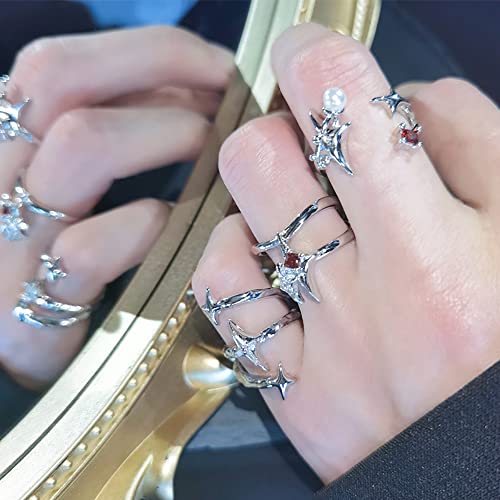 Y2k Moonstone Rings Rhinestone Star Irregular Agate Grunge Rings Set for Women - style: Style 3