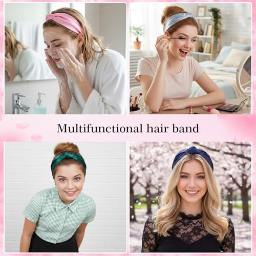 8PCS Silk Headbands, Stretchy Adjustable Satin Headband Elastic Twisted Hair Wrap Twist Knotted Head Band Satin Headwear for Women Girls Hair Accessories
