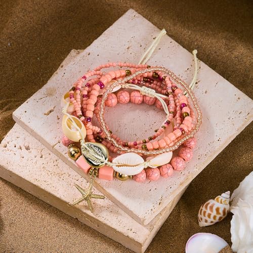 Boho Summer Bracelets for Women, Layered Beach Bracelets Set with Starfish Shell Pearl Charms, Colorful Beaded Bohemian Stackable Jewelry, Elastic Vacation Accessories Summer Outfit Jewelry - color: A2：Pink Bracelet