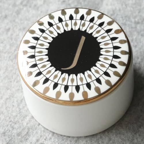 COLLECTIVE HOME - Monogram Jewelry Box, Bohemian Ceramic Trinket Box, Storage for Necklace Ring Bracelet Keys, Birthday Mother's Day Christmas Gift for Women, 3.25" x 2.5" (J) - color: J