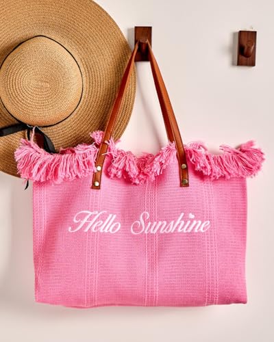 Personalized Embroidered Bridesmaid Tote Bag, Custom Large Women Vaction Travel - color: Pink - Hello Sunshine
