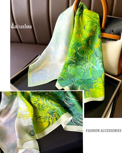 Saiusloa Neck Scarf For Womens Silky Head Scarves Hair Bandanas Square Scarf Fashion Accessories lightweight - color: 20-green Oil Painting