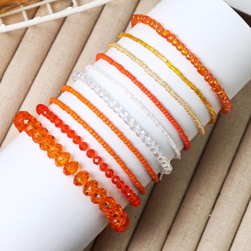 Caiyao Bohemian Multilayer Stackable Seed Beaded Bracelets Colorful Crystal Glass Beads Strand Bangle Bracelet BFF Wristbands Bracelet for Women Summer Beach Hawaii Jewelry Birthday Gifts - color: Orange