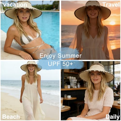 Women's Sun Visor Hats Wide Brim Beach Hat Straw Ponytail Visor Packable Foldable UPF 50+ Floppy Travel Hats - color: Beige02