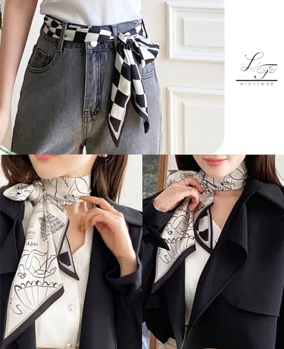Hioyiwse Head Scarf Hair Neck Scarves For Women Purse Bag Scarfs For Handbags Silky Long Thin Satin Headscarf Fashion - color: B27-black Plaid Stick Figure