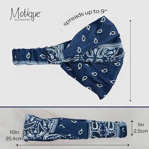 Motique Accessories Wide and Stretchy Cotton Bandana Headwrap, Multiple Colors (Navy Paisley, Medium) - color: Navy Paisley