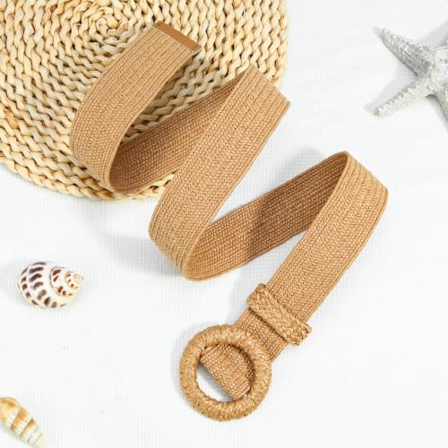 HOTWILL Women Straw Woven Belt Boho Elastic Stretch Braided Waist Belts for Summer Dresses - color: Camel_round Buckle