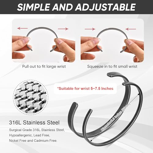 MEALGUET Stainless Steel Mens Cuff Bracelet : Minimal Cool Silver/Black/Gold Plated Open Metal Cuff Bangle Bracelets for Men,Mens Bracelet Jewelry Gift - color: Antique Grey-2-Pack, size: Medium( fit 5.5"-7.2" wrist)