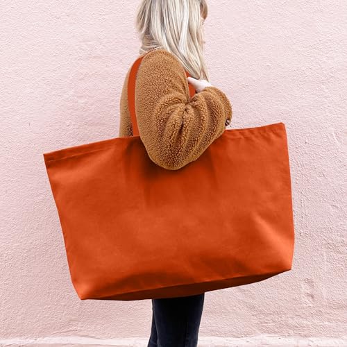 Large Canvas Tote Bag-Extra Big Shopping Beach Totes Bags Reusable Largest Grocery Plain Solid Bag 28"x8"x16" - color: Orange
