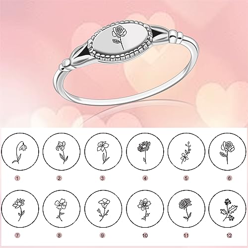 Birth Month Ring for Women Personalized Birthday Flower Signet Rings 925 Sterling Silver Vintage Rings Personalized Gift with Birth Flowers for Mom Daughter Girlfriend Wife Friend - color: 1 flower