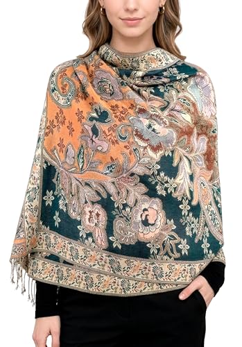 Achillea Elegant Paisley Floral Pashmina Shawl and Wrap – Boho Rave Scarf for Festival, Travel & Everyday Wear - color: Emerald Green