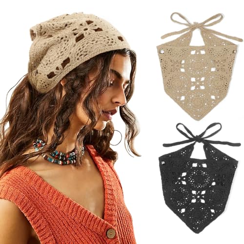 DRESHOW Floral Crochet Hair Bandana Tie Knotted Headscarf Vintage Headband Knitted Head Kerchief for Women Girls - color: 2 Pcs Floral Crochet (Khaki + Black)