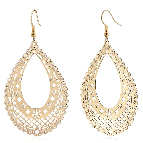 Teardrop Earrings for Women – Intricate Filigree Drop Earrings with Openwork Design, Elegant Dangle Earrings Lightweight Boho Jewelry for Everyday & Special Occasions - Gold & Silver