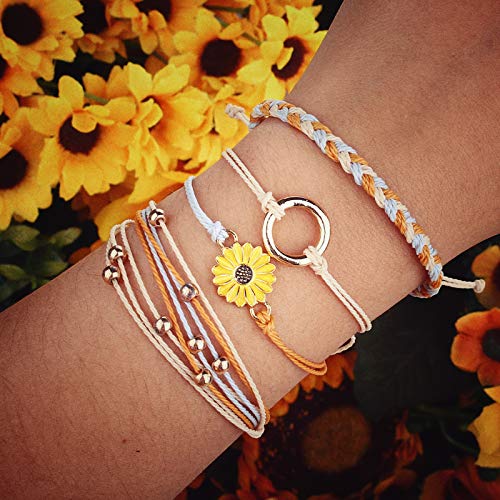 FANCY SHINY Easter Gifts Basket Stuffers Sunflower String Bracelet Boho Braided Rope Wrap Bracelets Cute Summer Beach Surfer Jewelry for Women - color: Dark Orange