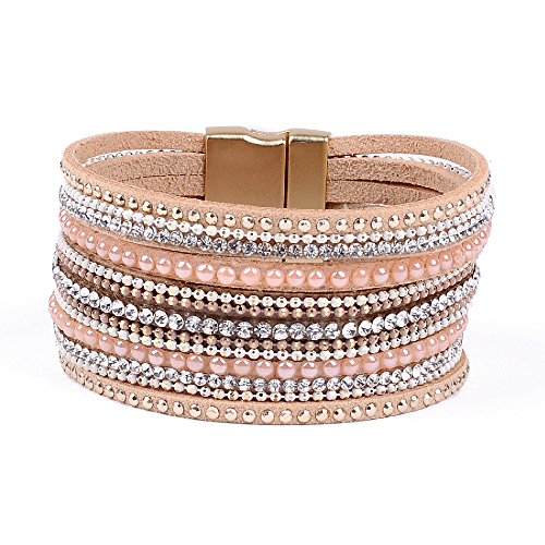 Artilady Leather Wrap Bracelets for Women - Pearl Bracelets Handmade Clasp Bangle Bracelet with Beads Jewelry Gift for Women and Mother - style: Shining Pink