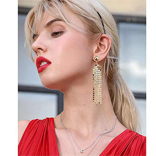 coadipress Metal Mesh Grid Sequins Tassel Long Drop Dangle Earrings for Women Trendy Lightweight Charms Disco Vintage Colorful Long Hook Earrings Bridal Wedding Jewelry - color: Long Gold Mesh