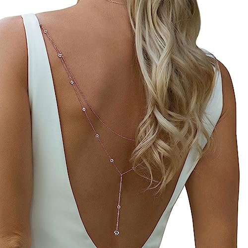 Wedding Multi-layered Rhinestone Back Chain Necklace Layered Bridal Crystal Back Chain Jewelry Festival Rave Rhinestone Backdrop Jewelry Dress Shoulder Body Chain Jewelry for Women - color: Rhinestone-gold