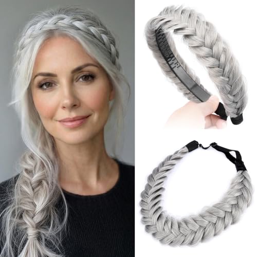 2PCs Braided Headband with teeth Handmade Messy Wide Synthetic Hair Elastic Stretch Fluffy Hairpiece for Brides (Smoky Gray) - color: Smoky Gray