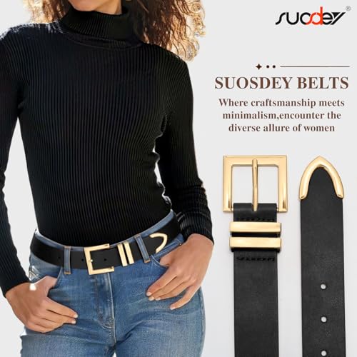 SUOSDEY Plus Size Women's Leather Belts for Jeans Pants Dress Fashion Women Waist Belt with Gold Buckle - color: Black, size: Fit waist size 43''-48''