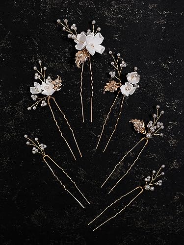 Handmade Pearl Bridal Wedding Hair Pins 6Pcs White Flower Gold Leaf Pearls Clips Bridal Hair Accessories for Women Brides Bridesmaid - color: Gold / Pearl White Flower