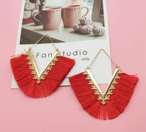 Tassel Hoop Earring Statement Thread Dangle Earrings Stylish Long Fringe Drop Earrings Lightweight Long Swingy French Hook Earrings for Women - color: A Red