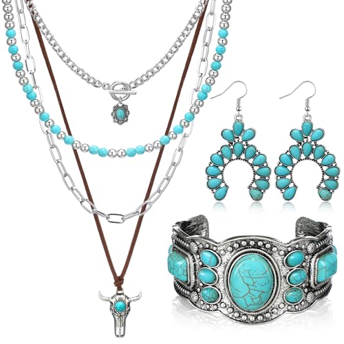 Inbagi 3 Pcs Boho Western Jewelry for Women Turquoise Jewelry Set Vintage Earrings Bracelet Western Bohemian Necklace for Women Cowboy Cowgirls - style: Elegant