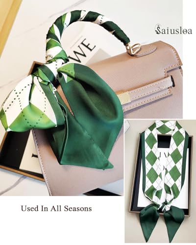 Purse Scarf For Handbags Head Scarves For Women's Hair Bags Scarfs Long Skinny Scarves Fashion Silky - color: A26-green Diamond Lattice