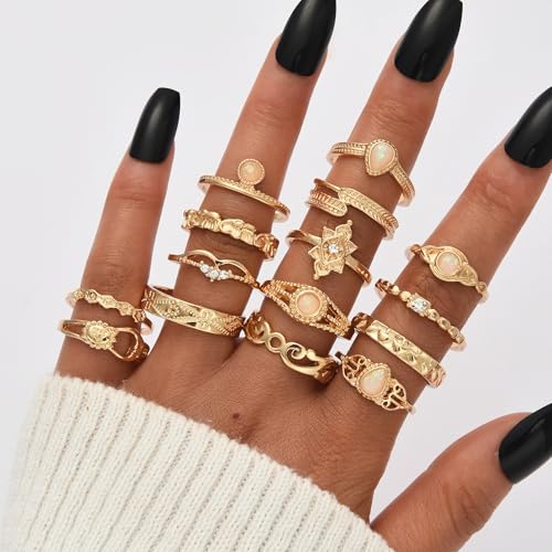 FAXHION 24-60 Pcs Gold Stackable Rings for Women, Knuckle Rings Chunky Gold Ring Set Dainty Stacking Cute Rings, Multiple Sizes Cute Jewelry Set Gift - style: Vintage