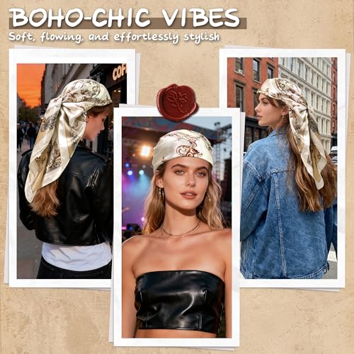 Large Square Head Scarf Bandana - 35" Satin Hair Scarf for Women Like Silk Scarf Fashion Hair Wrapping - color: Baroque Scroll(ivory Gold), size: 35IN*35IN