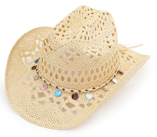 Straw Cowboy Hat, Western Cowgirl Hat, Wide Brim Sun Beach Hat for Men and Women - color: Beige-m25