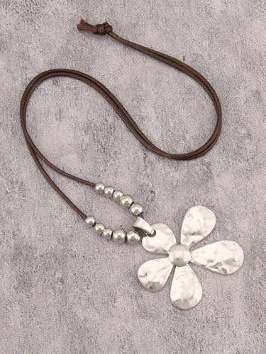 GelConnie Leather Necklaces Turquoise Long Boho Necklaces for Women Brown Chunky Circle Pendant Chocker Necklace Gold Sweater Necklace - style: Boho Flower Necklace