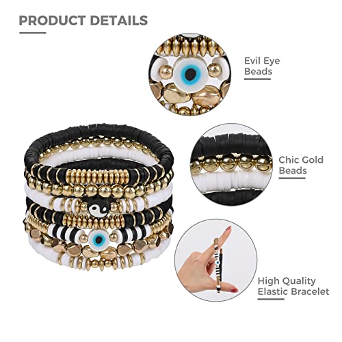 Colorful Heishi Surfer Bracelets Set for Women Stackable Clay Beaded Bracelets Disc Stretch Preppy Bracelets Smiley Face Friendship Bracelets Team Cheer Bulk Boho Summer Beach Jewelry Gift - color: Black and White