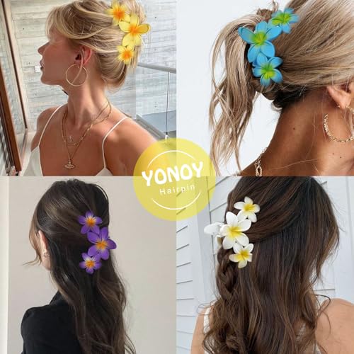 YONOY 6Pcs Flower Hair Clips for Women,Non-Slip Matte Flower Hair Clips for Women,Hawaiian Hair Flower Clip Large Plumeria Strong Hold Hair Claws Banana Cute Clip Beach Hair Accessories - color: Color H