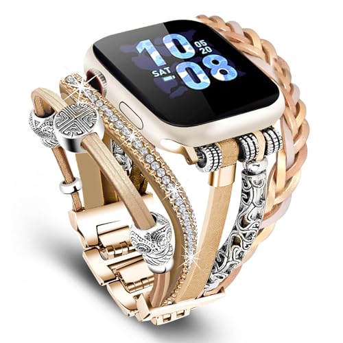 Compatible with Apple Watch Band 40mm for Women, Boho Bracelet for Apple Watch 38mm 41mm, Multilayer Leather Wrap Braided Strap for iWatch Series 11/10(42mm)/9/8/7/6/5/4/3/2/1/SE - color: A-Rose Gold, size: 42(series 11/10)/41/40/38mm