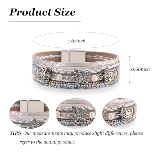 Long tiantian Boho Leather Wrap Bracelets Western Bracelets for Women Stackable Starfish Crystal Pearl Turquoise Leather Bracelet With Clasp Jewelry Gifts Boho Dresses - color: B7:grey Bracelet