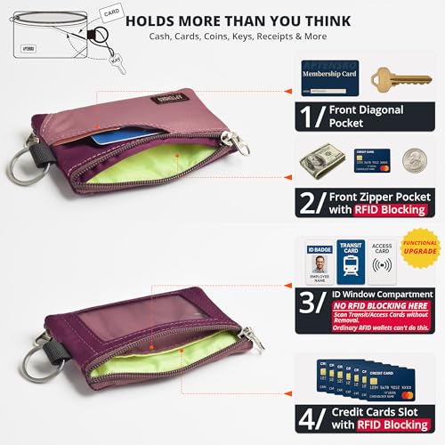 RFID Blocking Travel Wallet with Adjustable Lanyard, Small Nylon Zipper Pouch and Badge Holder for ID, Credit Cards, Cash, Keys, Commuters (Mauve+Plum Wine) - color: Mauve+Plum Wine