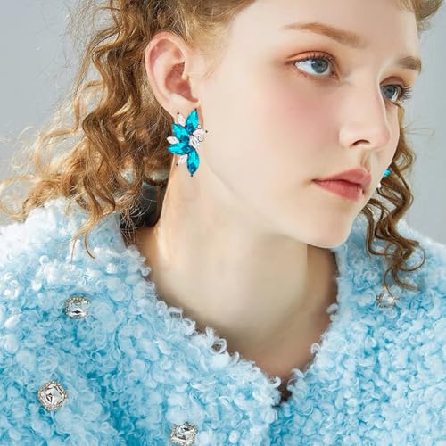 Bohemian Statement Sparkly Colourful Fancy Rhinestone Crystal Flower Dangle Drop Stud Earrings Vintage Wedding Bridal Prom Earrings for Women - color: Lake blue