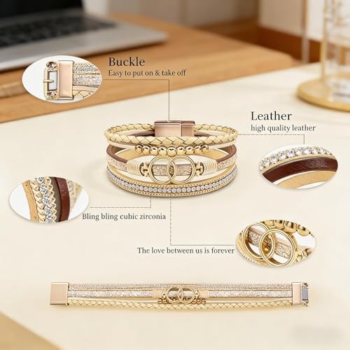 Multi-Layer Leather Wrap Bracelets for Women, Elegance Bracelet Jewelry for Women (Beige)