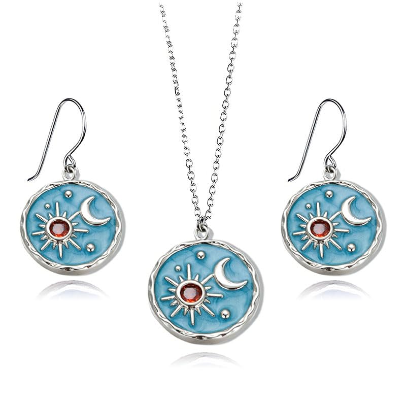 MALOYANVE Vintage Sun and Moon Drop Dangle Earrings for Women Unique lightweight Handmade Retro Boho Antiqued Gold Silver Round Coin Earrings for Women Jewelry - color: Silver Blue Earrings and Necklace