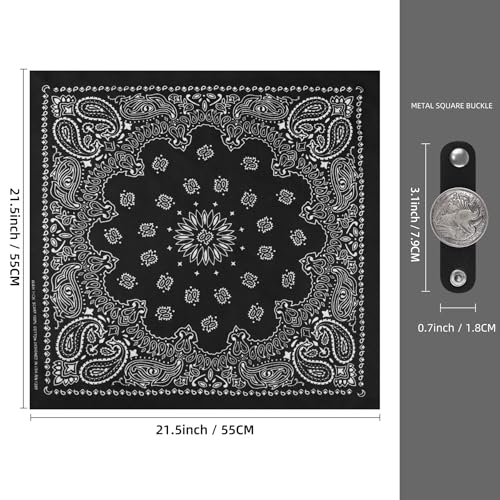 Western Bandana Scarf With Vintage Coin Buckle, Paisley Pattern Neck Scarf for Men Pocket Square Cowboy Scarves - color: Black