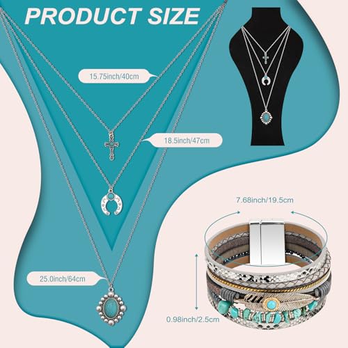 Yowivon Western Jewelry for Women Bohemian Turquoise Jewelry Set Vintage Leather Navajo Pearl Necklace Layer Necklaces Earrings Bracelets Boho Knuckle Rings - style: Boho Style