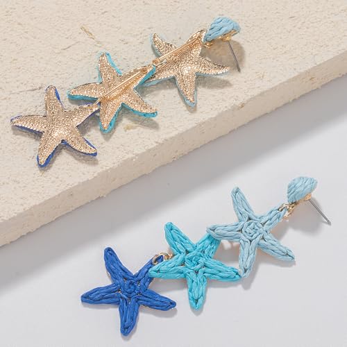 Boho Raffia Earrings Starfish Shell Seashell Dangle Drop Earrings Cute Statemnet Trendy Jewelry Summer Beach Outfits for Women - color: Blue, size: Seastar