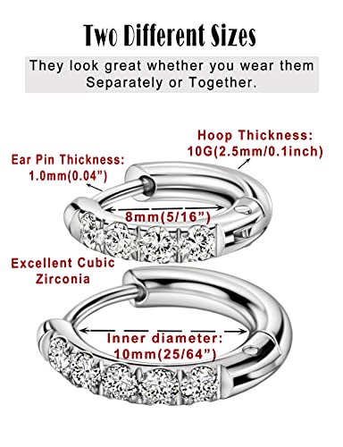 316L Surgical Stainless Steel Huggie Hoop Earrings with Cubic Zirconia, 10G 12G 14G 8-20mm Cartilage Lobe Earrings, 14G Piercing Jewelry - style: 10G 8mm 10mm Silver Clear CZ