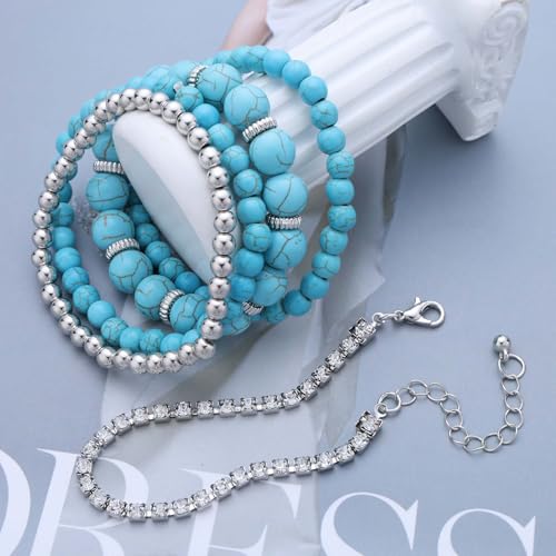 Boho Blue Turquoise Bracelet Set Rhinestone Tennis Bracelets Silver Round Ball Bracelet Turquoise Stone Beaded Bracelets Multilayer Stackable Bracelet Jewelry for Women