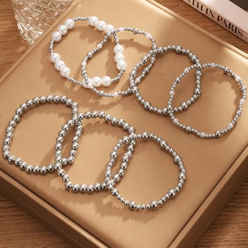 KISS WIFE Bracelets for Women, 13 Pcs Gold Silver Beaded Bracelet Stack with Faux Pearl, Stretch Elastic Strand Ball Fashion Jewelry Set, Adjustable Accessories Gifts - color: Silver